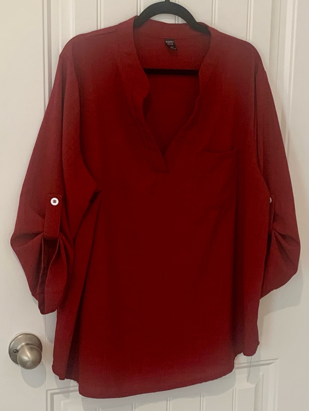 Women's Roll-Tab V-Neck Tunic in Deep Red